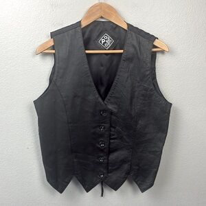 Posted Black Leather Vest Double Pointed Hem Button Up Western Rocker Vintage L